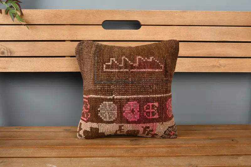 Vintage Kilim Throw Pillow, Art Deco Pillow Case, Cushion, Turkish Pillow, Pillow for Couch, 14x14 Brown Cushion Case, Authentic Pillow Sham - 6