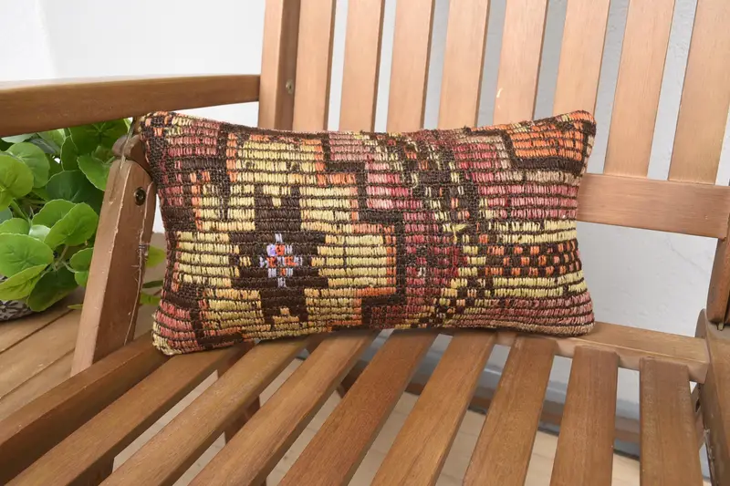 Turkish Orange Woven Pillow, Antique 8x16 inch Cushion Case - 1