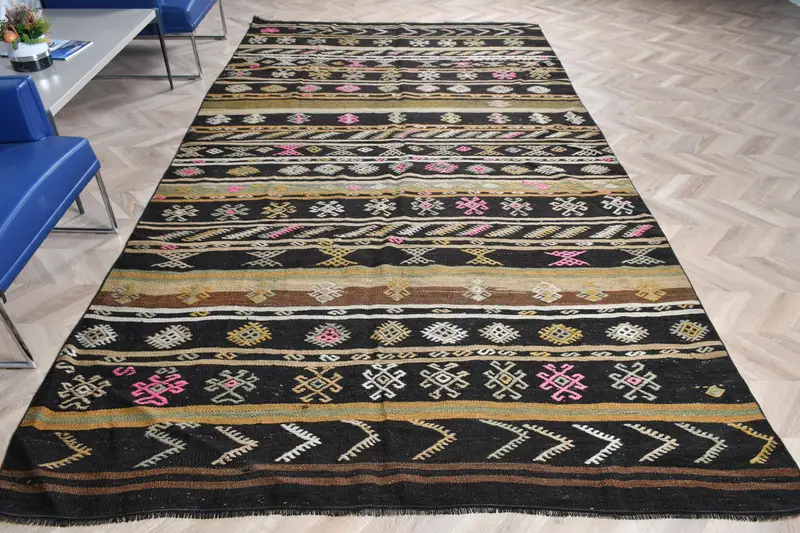 Vintage Rug, 6.46x11.7 ft Turkish Rug, Black Brown Wool Rug - 1