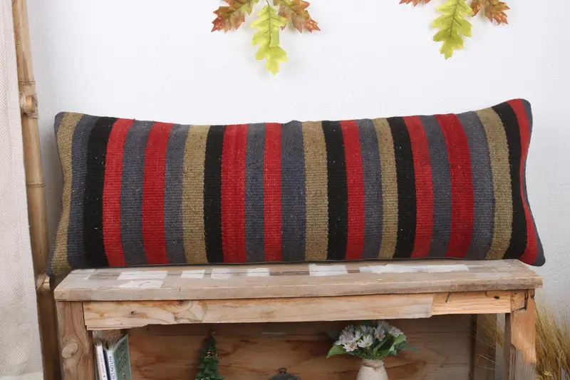 Kilim Pillow, 12x36 Red Pillow Sham, Rustic Pillow Cover, Sofa Bolster Cushion, Turkish Kilim Pillow, Pillow Sham, Kilim Pillow Cover - 2