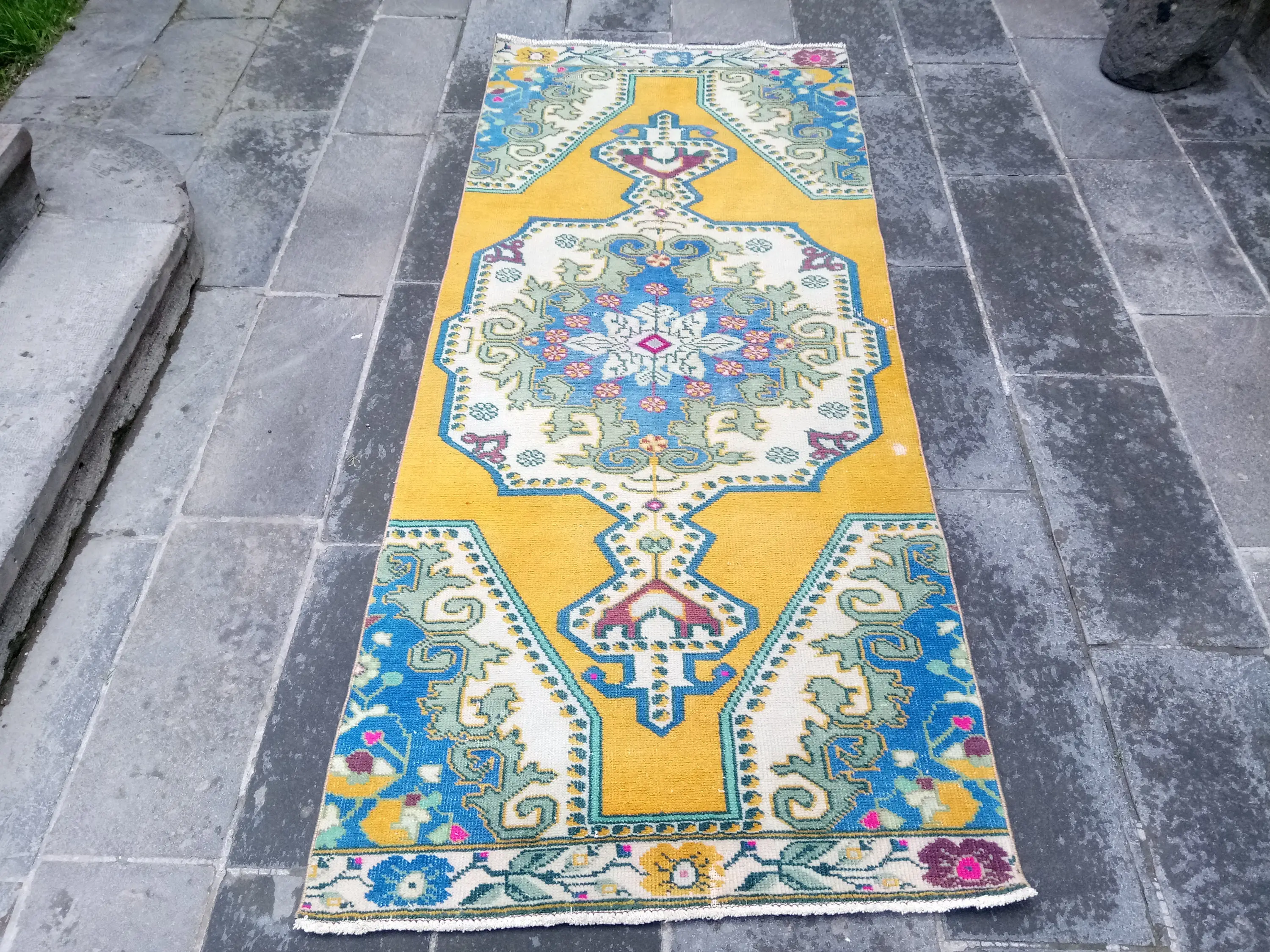 Turkish Vintage Rug, 3.2x7.7 ft Rug, Yellow Area Oriental Rug - 1