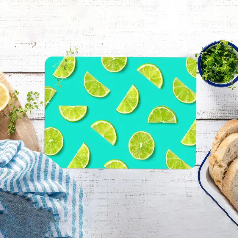 Yeşil Limonlu Limon Desenli Cam Kesme Tahtası