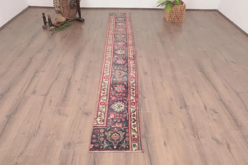 1.3x10.5 ft Turkish Vintage Rug, Runner Rug, Red Oushak Patchwork Rug - 1