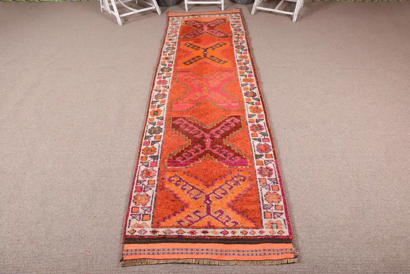 3x11.2 ft Türk Halısı, Vintage Halı, Kahverengi Çiçekli Halı - 1