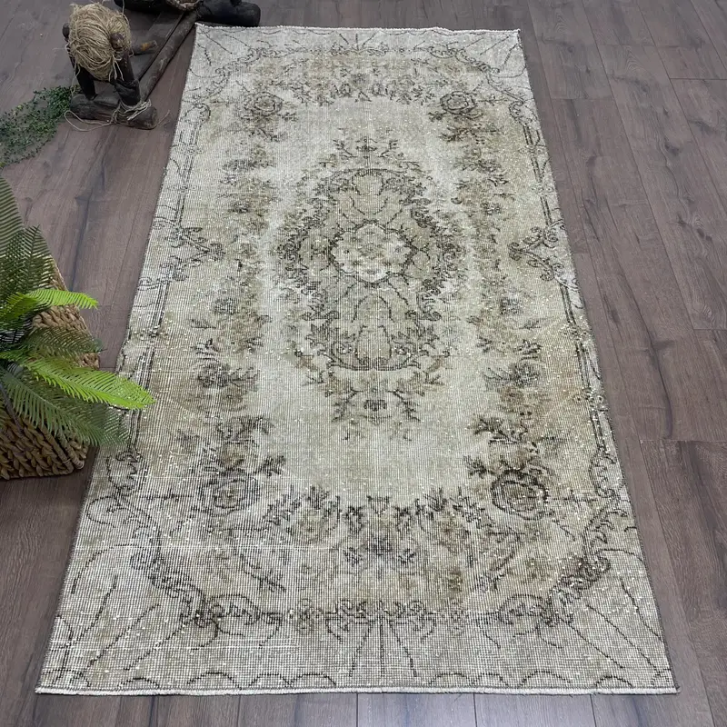 Turkish Oushak Accent Rug 3.4x6.8 ft (105x206 cm), Vintage Gray Oriental Rug - 1