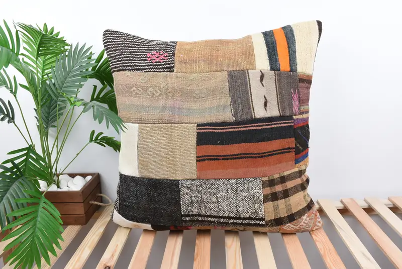 28x28 Beige Pillow Case, Ottoman Cushion, Handmade Kilim Cushion, Turkish Kilim Pillow, Pillow Sham, Turkish Rugs Pillow Case, Vintage Pillow - 1