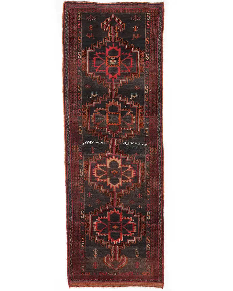 Zarif Siyah & Turuncu Halı, 3,5x9,8 ft İran Desenli