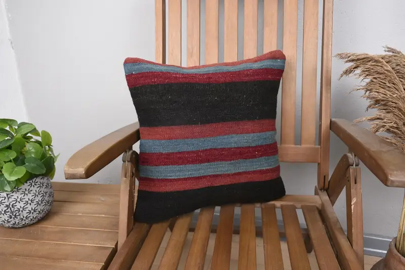 Red Turkish Moroccan Cushion Cover, Farmhouse Striped Wool Sofa Pillowcase - 1