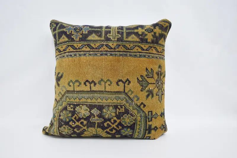 Vintage Kilim Throw Pillow, Pillow Cover, 28x28 Yellow Cushion, Kilim Pillow, Square Throw Cushion Cover, Interior Designer Pillow - 1