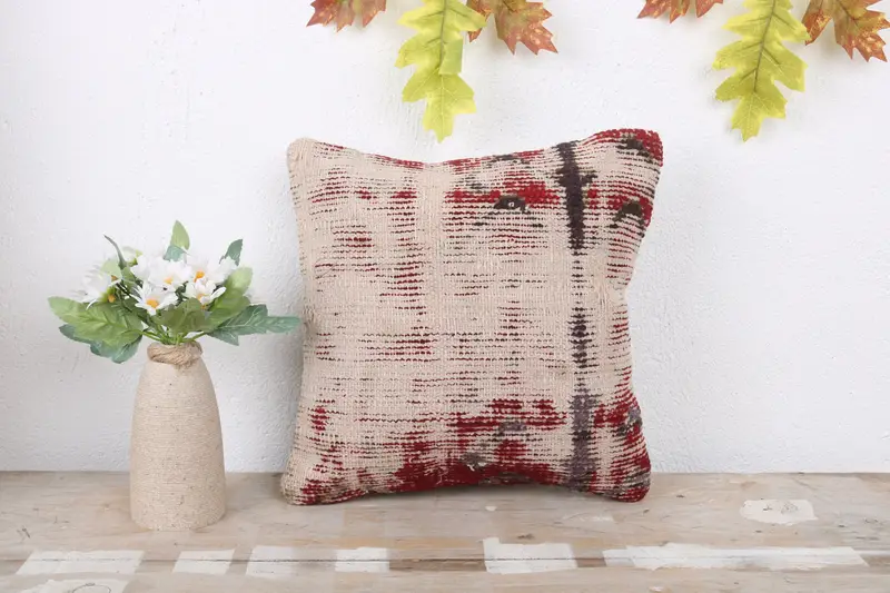 Cushion Cover, Decorative Pillow, Kilim Pillow, Handmade Rug Seat Pillow, Kilim Cushion Sham, 12x12 Beige Cushion Cover, Vintage Kilim Throw Pillow - 2