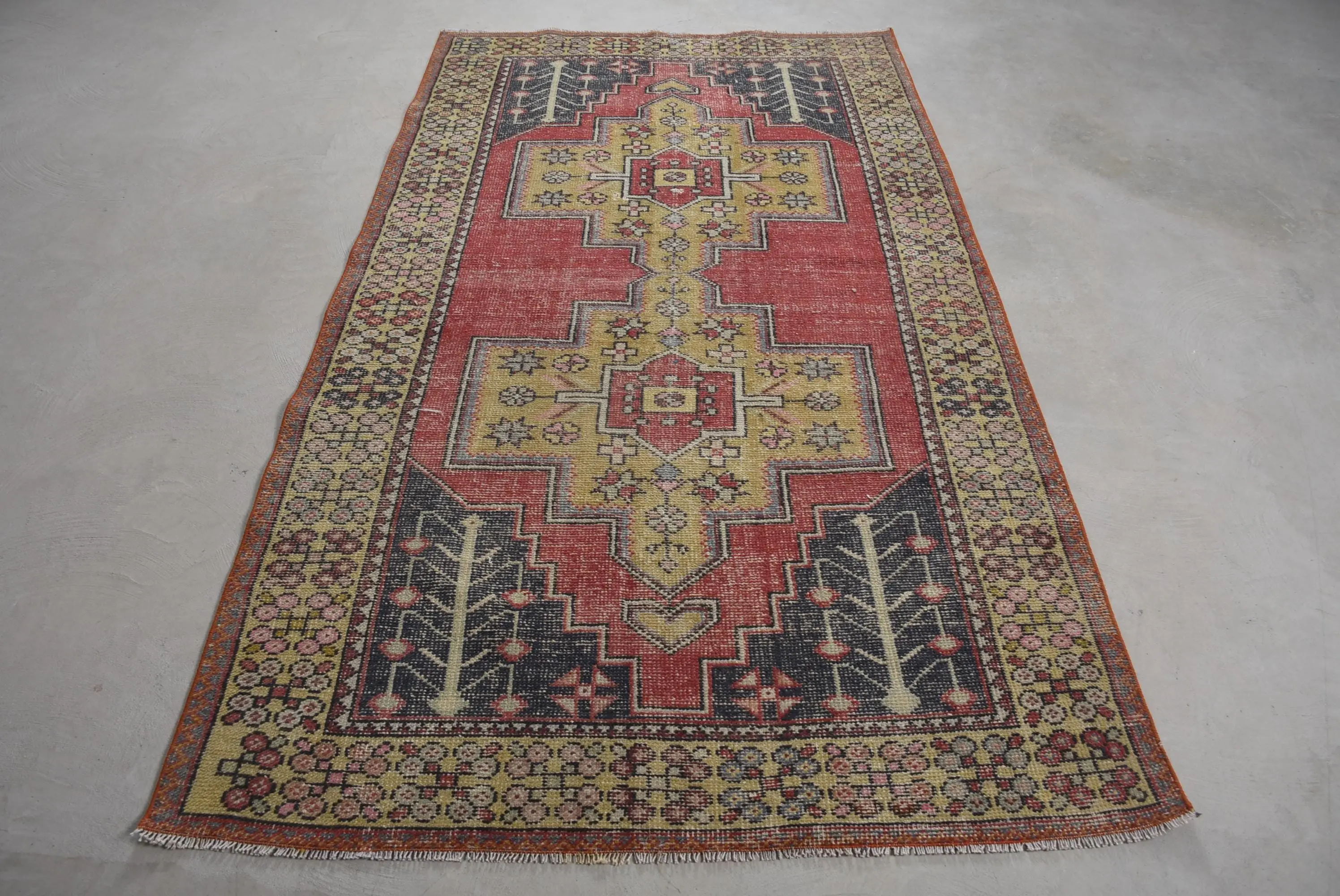 Vintage Turkish Area Rug 4.3x7.8 ft, Red Yellow Bordered Rug - 1