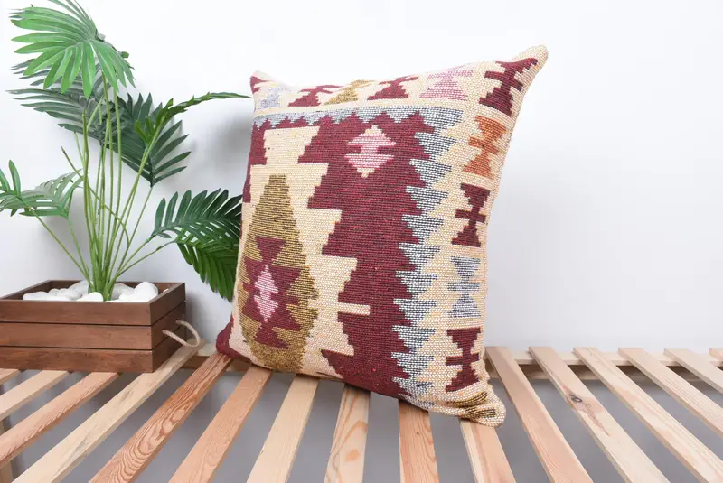 Boho Throw Cushion Case, Throw Kilim Pillow, Pillow Case, Kilim Pillow Cover, Handmade Kilim Cushion, 24x24 Red Cushion Case - 5