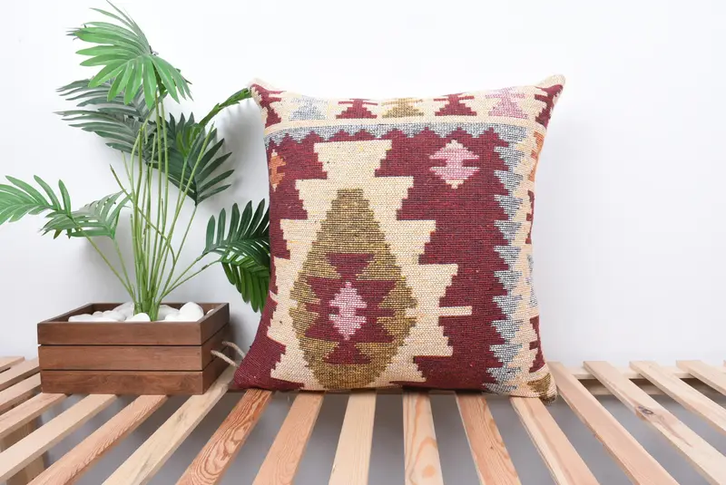 Boho Throw Cushion Case, Throw Kilim Pillow, Pillow Case, Kilim Pillow Cover, Handmade Kilim Cushion, 24x24 Red Cushion Case - 1