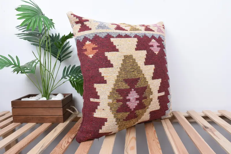 Boho Throw Cushion Case, Throw Kilim Pillow, Pillow Case, Kilim Pillow Cover, Handmade Kilim Cushion, 24x24 Red Cushion Case - 4