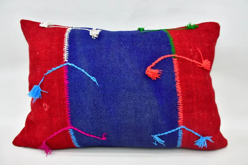 Red Hemp Throw Pillow, 20x28 Embroidered Cushion with Vintage Charm