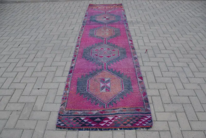 Vintage Rug, Runner 3x11.3 ft Rug, Herki Red Oriental Rug - 1