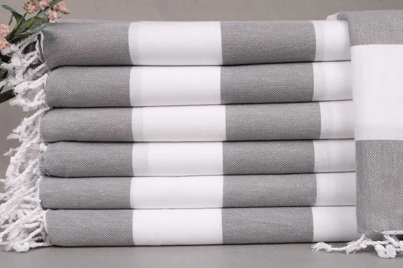 Monogrammed Beach Towel Gray-White Stripes, Turkish Cotton, 40x71 Inches