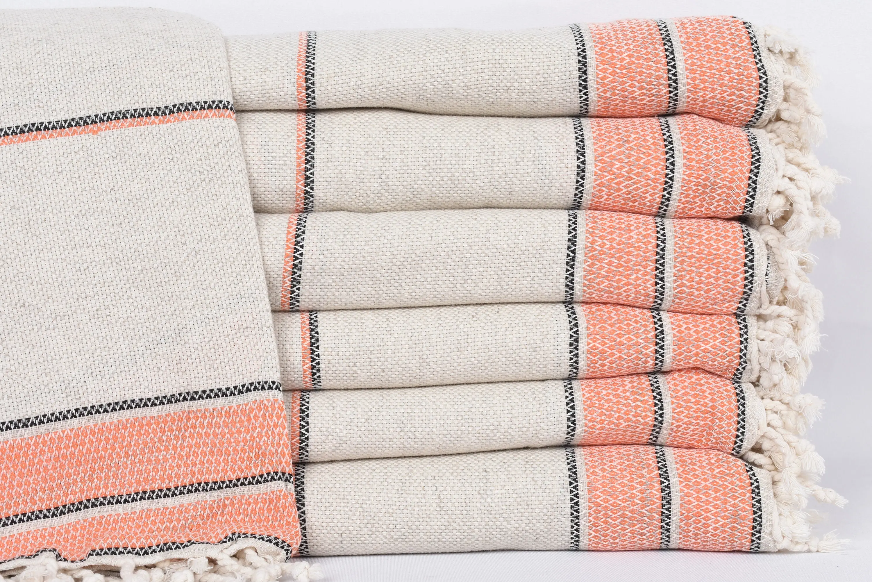 Orange Striped Throw, 103x95 Inches, Organic Cotton, Embroidered Throw Blanket - 1