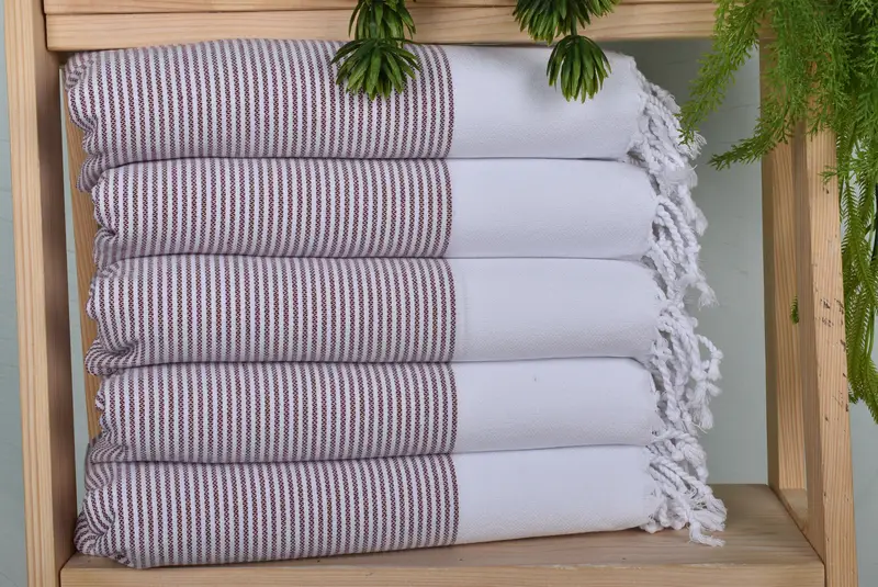 Personalized Hand Towel Striped Burgundy Turkish Cotton, 18x40 Inches