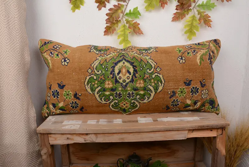 Handmade Embroidered Linen Throw Pillow, Vintage Green Floral Cushion