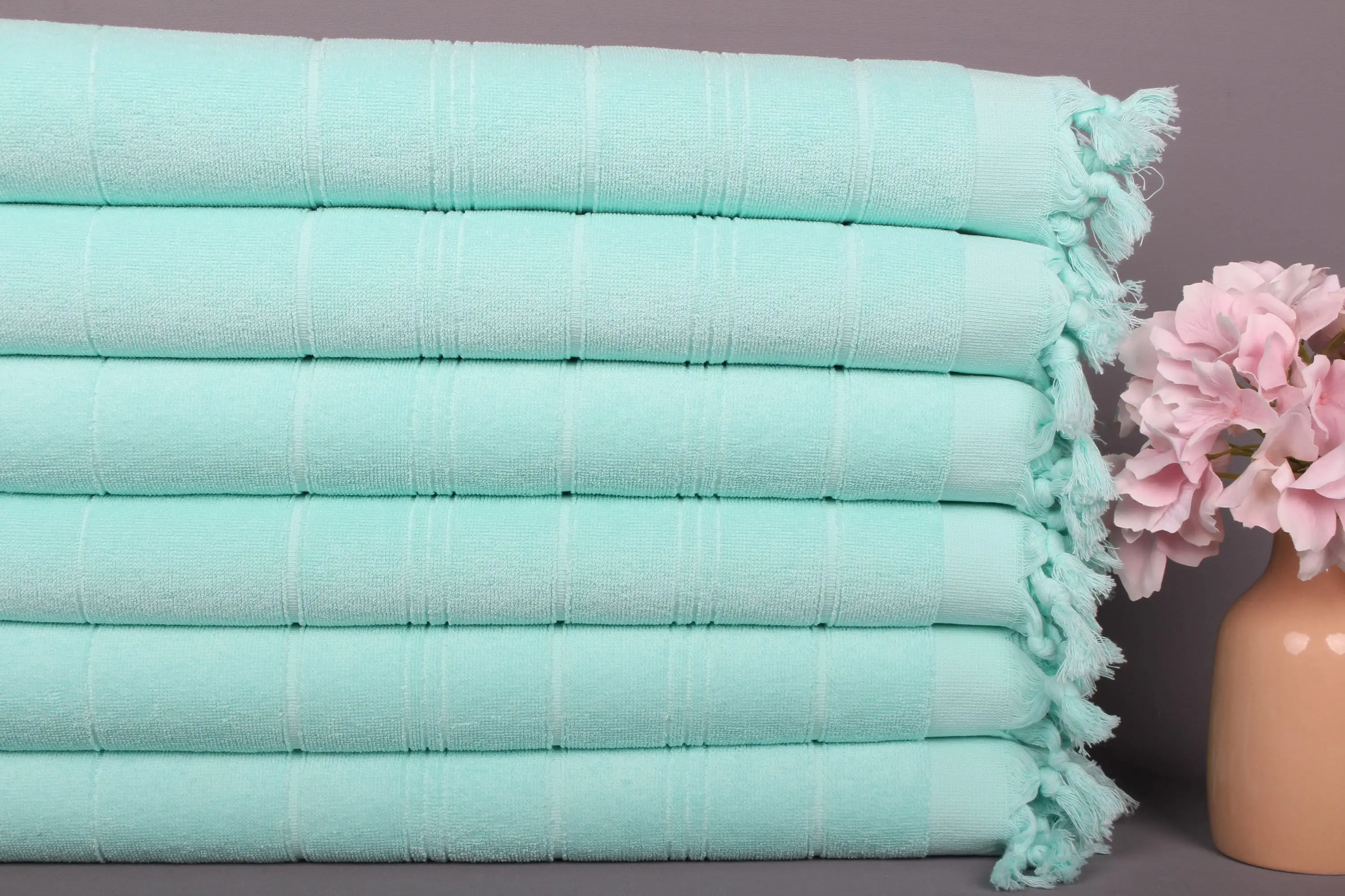 Mint Cotton Turkish Hand Towel Beige Stripes, Organic Recycled, 18x40 Inches - 1