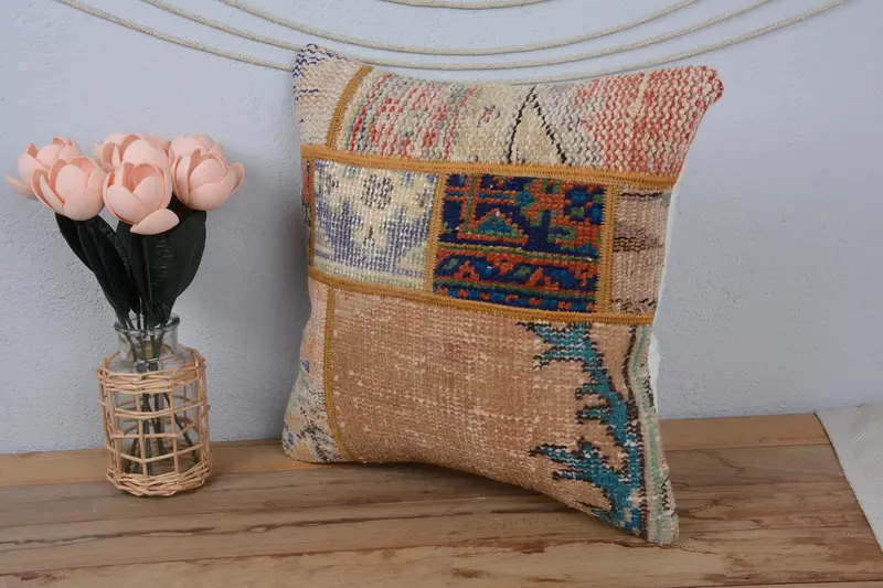 Toss Cushion Cover, Cushion Case, Pillow for Couch, Handmade Kilim Cushion, Boho Pillow Sham Cover, 16x16 Blue Pillow Sham, Art Deco Cushion Cover - 4