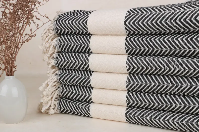Turkish Beach Towel Zig Zag, Black Cotton, 40x71 Inches