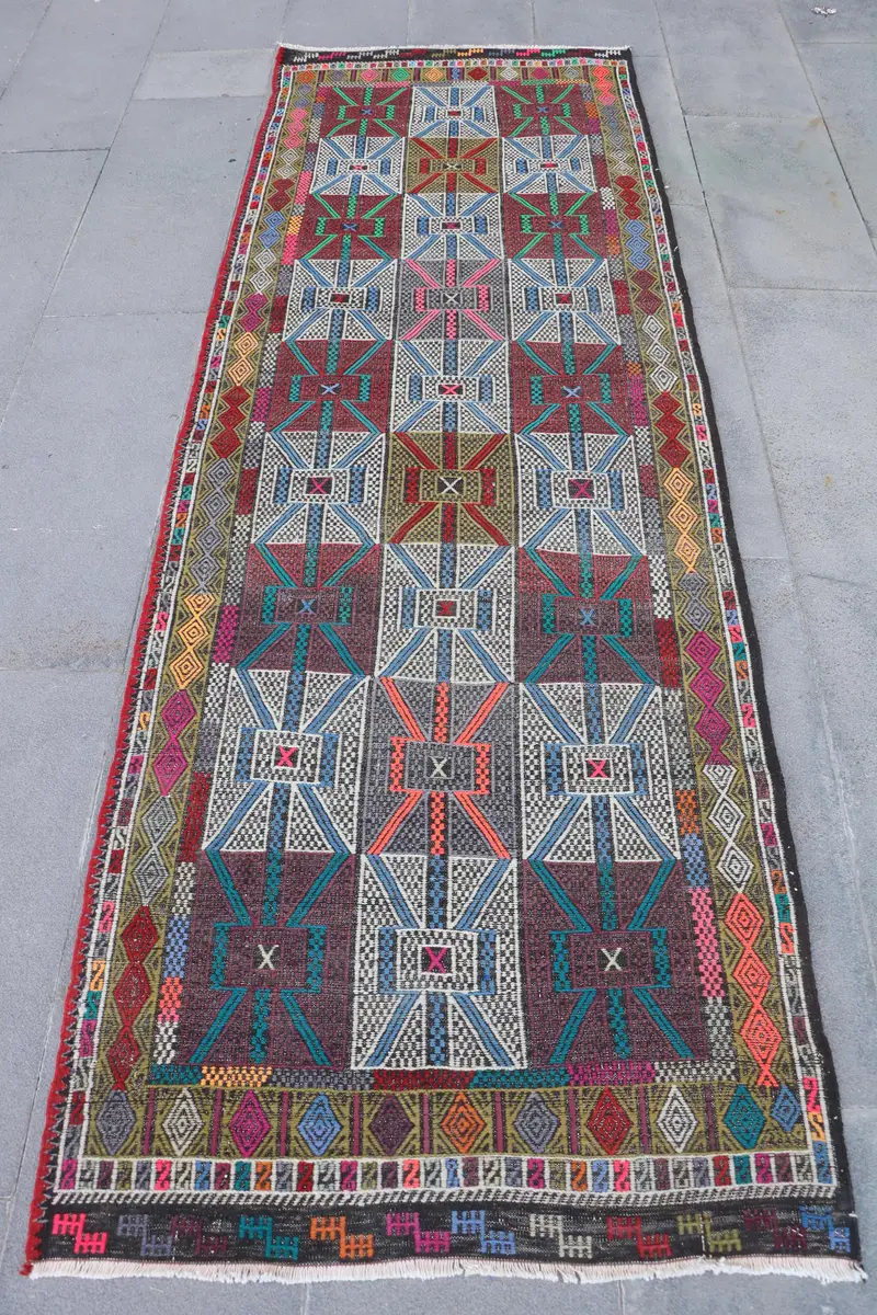 Lila Ikat-Teppich, 2,7 x 7,9 Fuß, eleganter Beige-Akzent