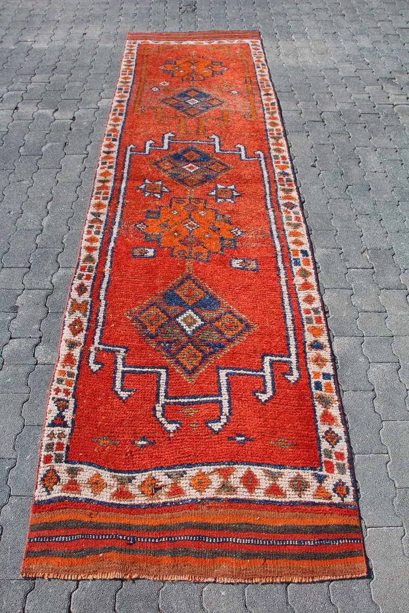 3x10.9 ft Vintage Turkish Rug, Runner Rug, Herki Red Wool Rug - 1
