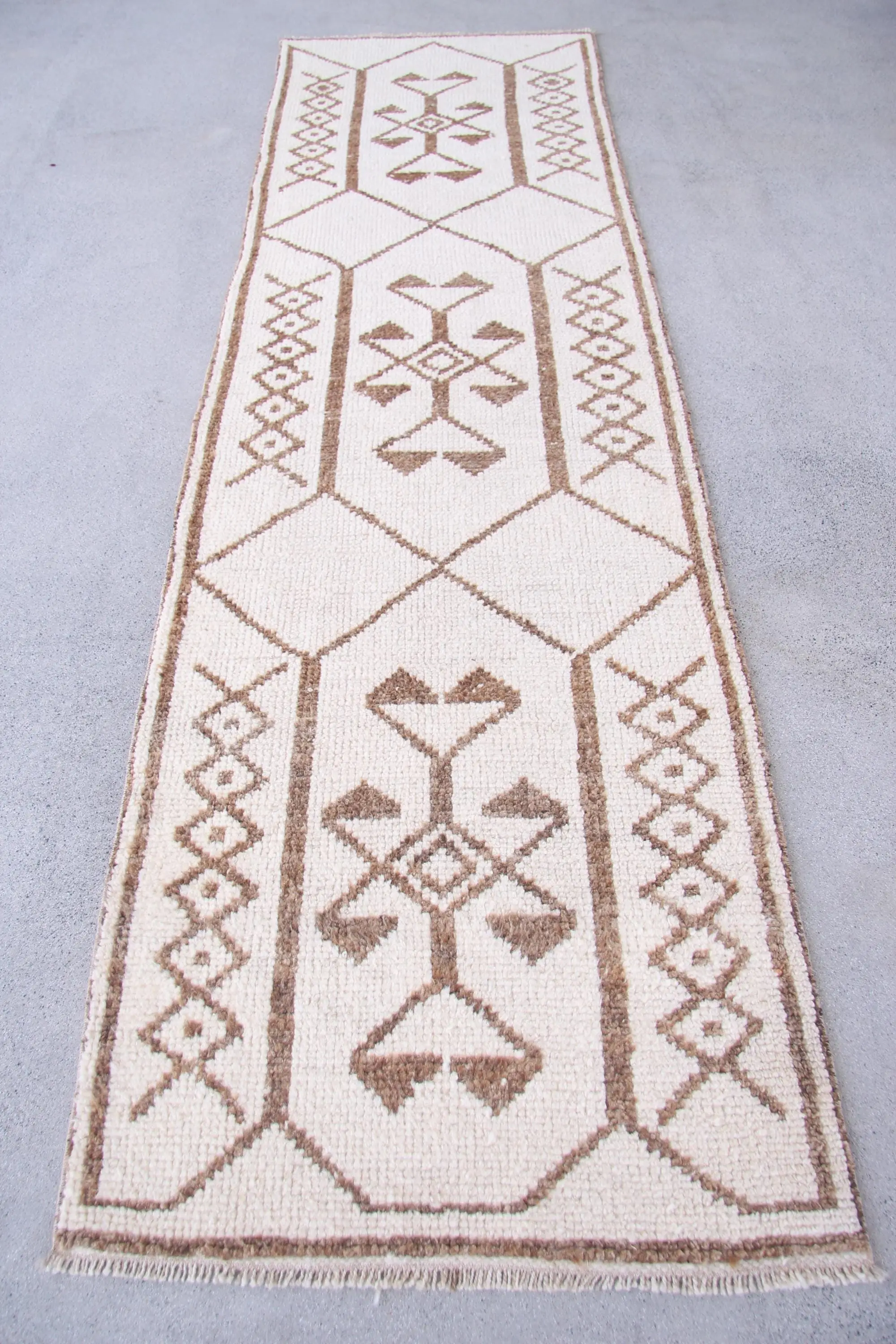 Turkish Rug, 3x10.4 ft Vintage Rug, White Brown Floral Wool Rug - 1