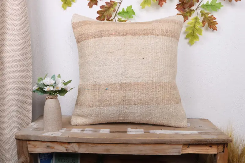 Beige & Brown Striped Pillow, 20x20 Embroidered Throw Pillow