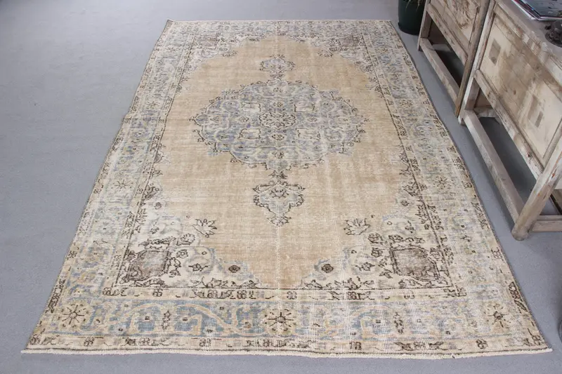 Handmade 4,3x8 ft Rug, Beige & Blue Floral-Geometric