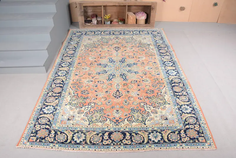Turkish Vintage Large Rug 7.5x10.3 ft, Orange Blue Floral Rug - 1