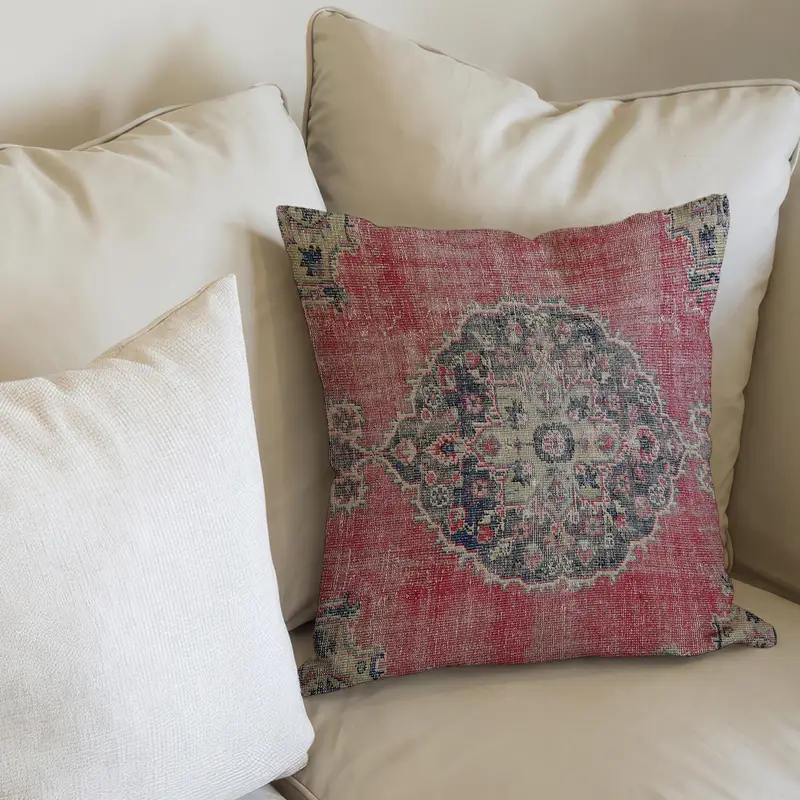 Vintage Kırmızı & Mavi Etnik Tasarım Baskılı Yastık, Organik Rahatlık