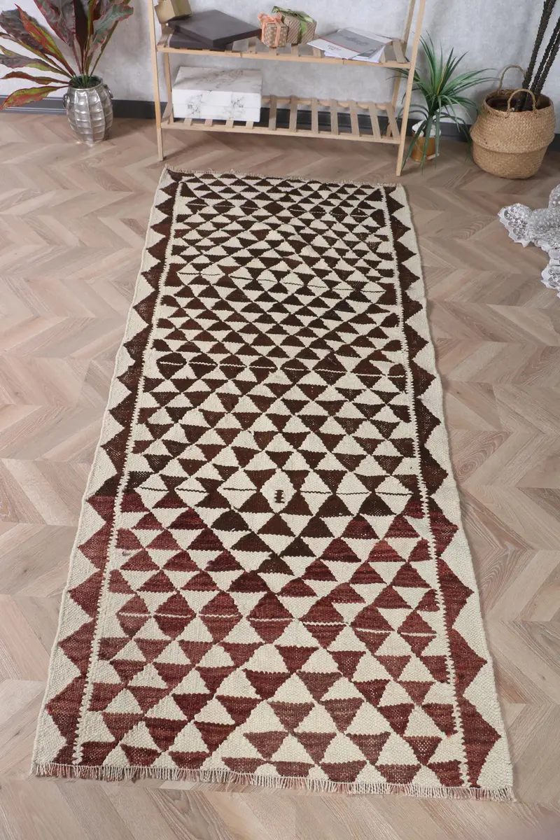 3.1x7.3 ft Halı, Vintage Kilim Halı, Türk Kahverengi Yün Kareli Halı - 1