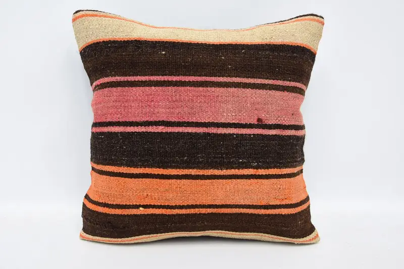 Throw Square Striped Pillowcase, Wool Moroccan 40x40 cm Brown Euro Sham - 1