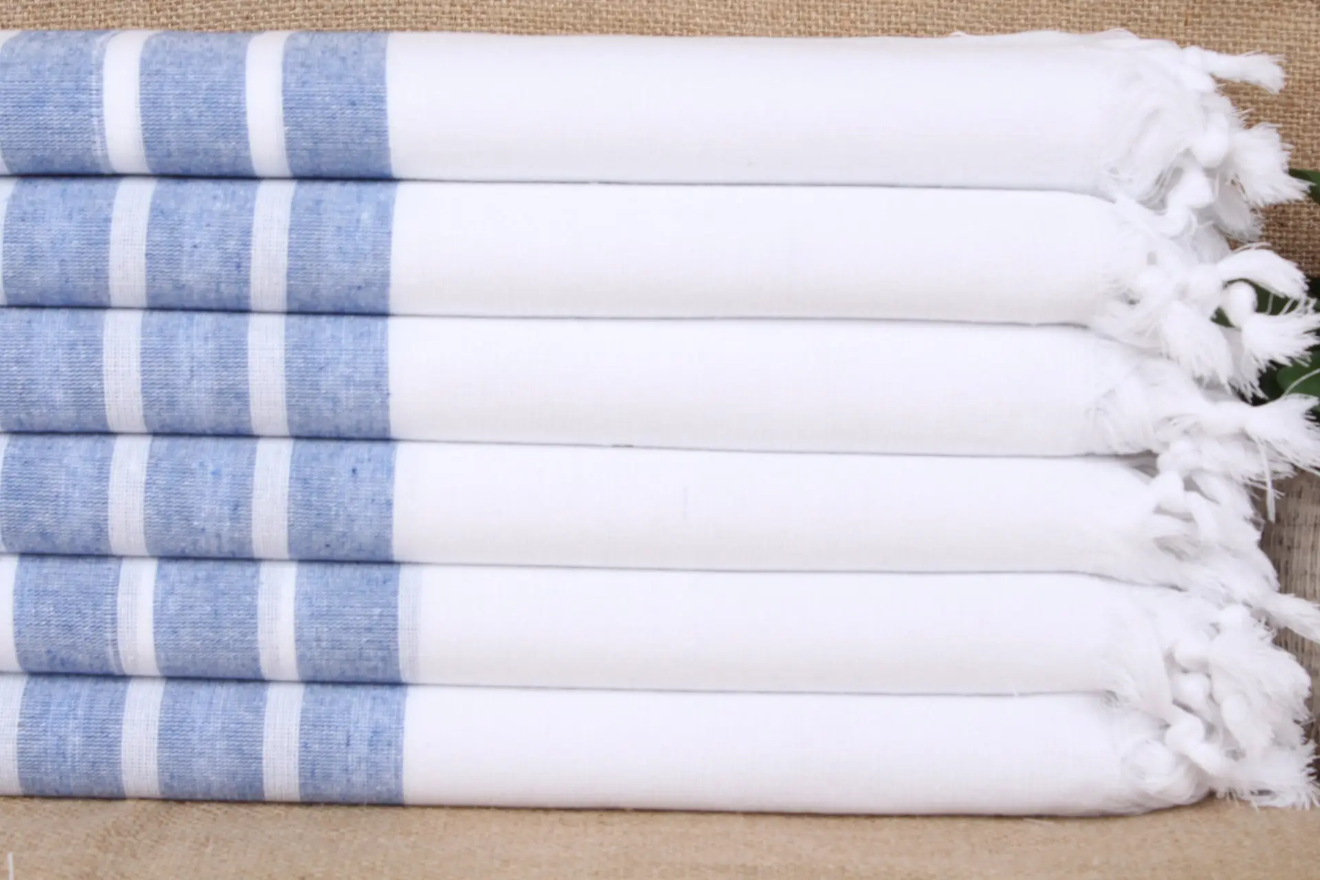 Embroidered Beach Towel Sax Blue Striped, Organic Cotton, 40x71 Inches - 1