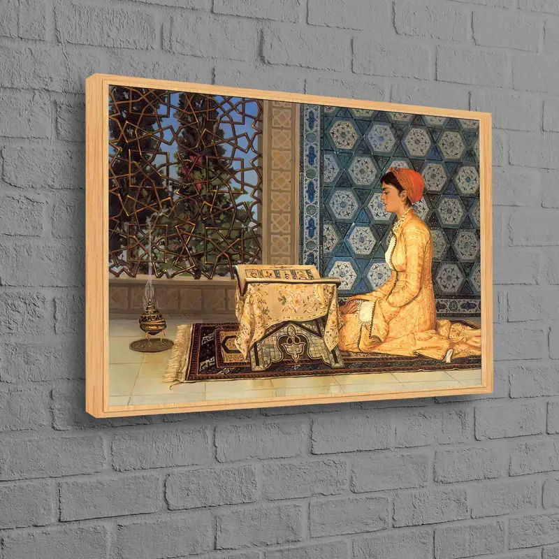 Elegante lienzo islámico: niña leyendo el Corán, escena de la mezquita turca