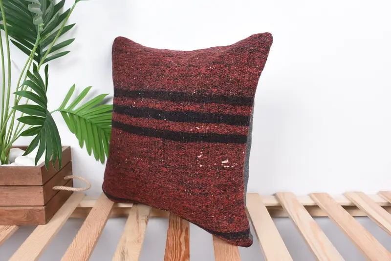 Ethnical Kilim Rug Pillow, 16x16 Red Pillow Sham, Pillow Cover, Handmade Cushion Cover, Pillow for Sofa, Vintage Kilim Throw Pillow - 5