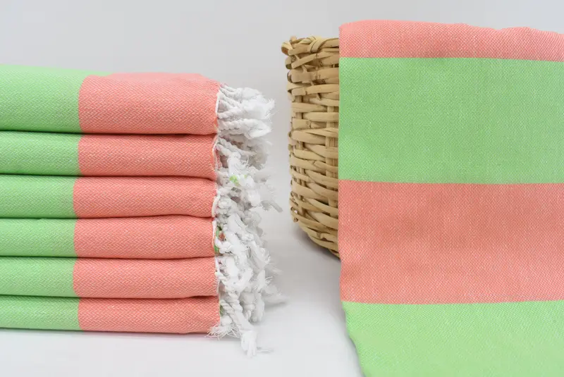 70x40 Coral-Green Striped Turkish Towel, Organic Cotton, Bath Sheet