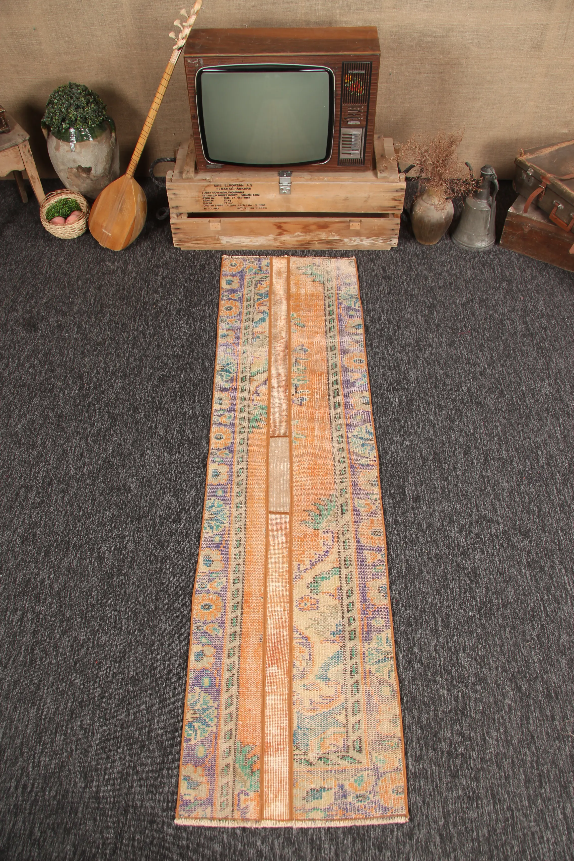 Turkish Vintage Rug, 1.9x7.2 ft Small Rug, Orange Patchwork Floral Rug - 1