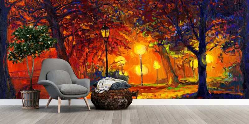 Autumn Wall Paper, Forest Wallpaper, Night Wall Print, Cityscape Wall Art, Landscape Wall Decor, Oil Painting Print, View Wall Mural, - 9