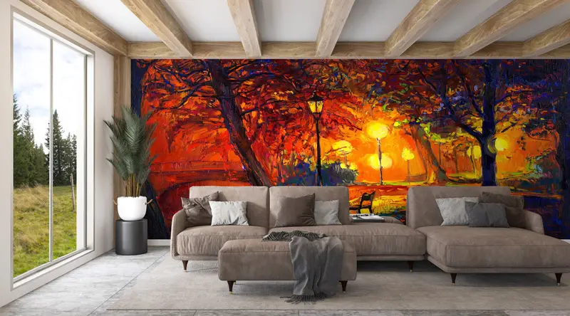 Autumn Wall Paper, Forest Wallpaper, Night Wall Print, Cityscape Wall Art, Landscape Wall Decor, Oil Painting Print, View Wall Mural, - 8
