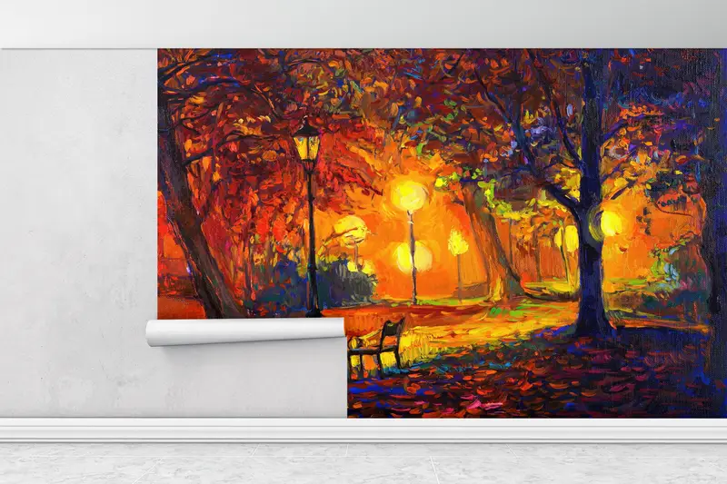 Autumn Wall Paper, Forest Wallpaper, Night Wall Print, Cityscape Wall Art, Landscape Wall Decor, Oil Painting Print, View Wall Mural, - 6