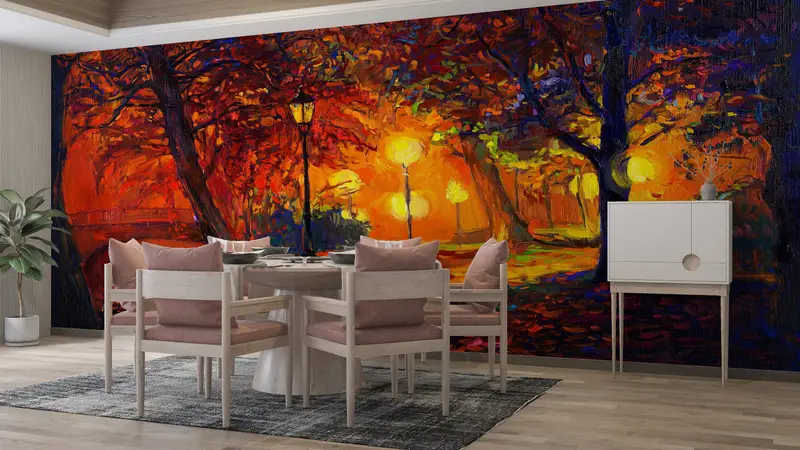 Autumn Wall Paper, Forest Wallpaper, Night Wall Print, Cityscape Wall Art, Landscape Wall Decor, Oil Painting Print, View Wall Mural, - 7