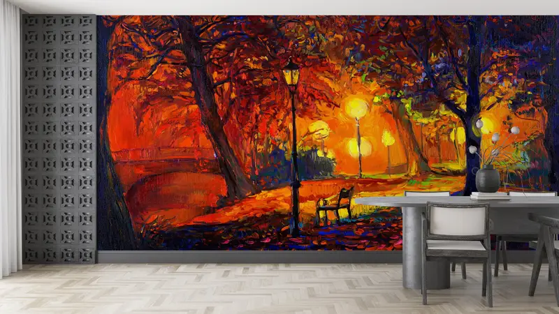 Autumn Wall Paper, Forest Wallpaper, Night Wall Print, Cityscape Wall Art, Landscape Wall Decor, Oil Painting Print, View Wall Mural, - 1