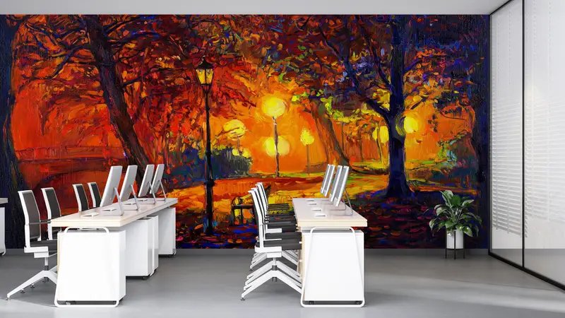 Autumn Wall Paper, Forest Wallpaper, Night Wall Print, Cityscape Wall Art, Landscape Wall Decor, Oil Painting Print, View Wall Mural, - 2