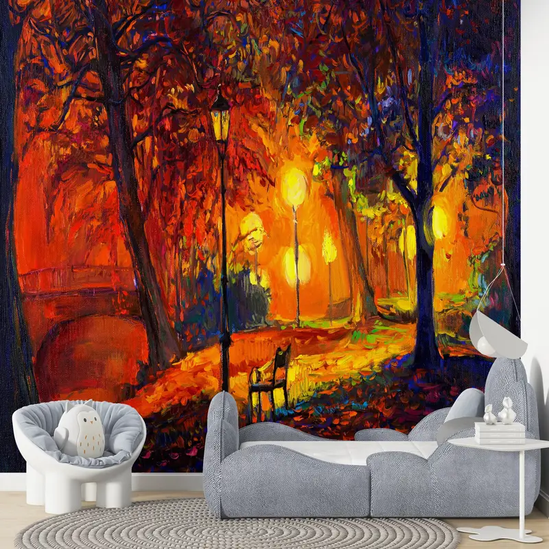Autumn Wall Paper, Forest Wallpaper, Night Wall Print, Cityscape Wall Art, Landscape Wall Decor, Oil Painting Print, View Wall Mural, - 3
