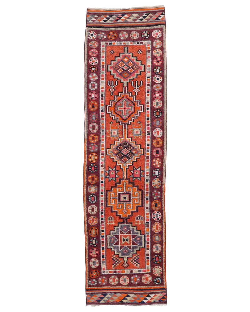 鮮やかな 2.7x10.1 フィート ラグ、オレンジとブルーのペルシャ柄