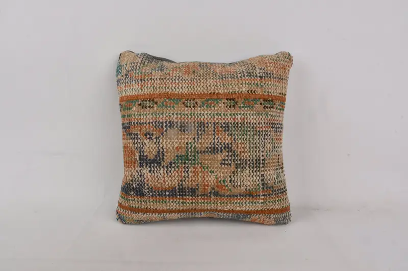Blue & Red Embroidered Patchwork Pillow, 14x14 Inches, Decorative Cushion - 1